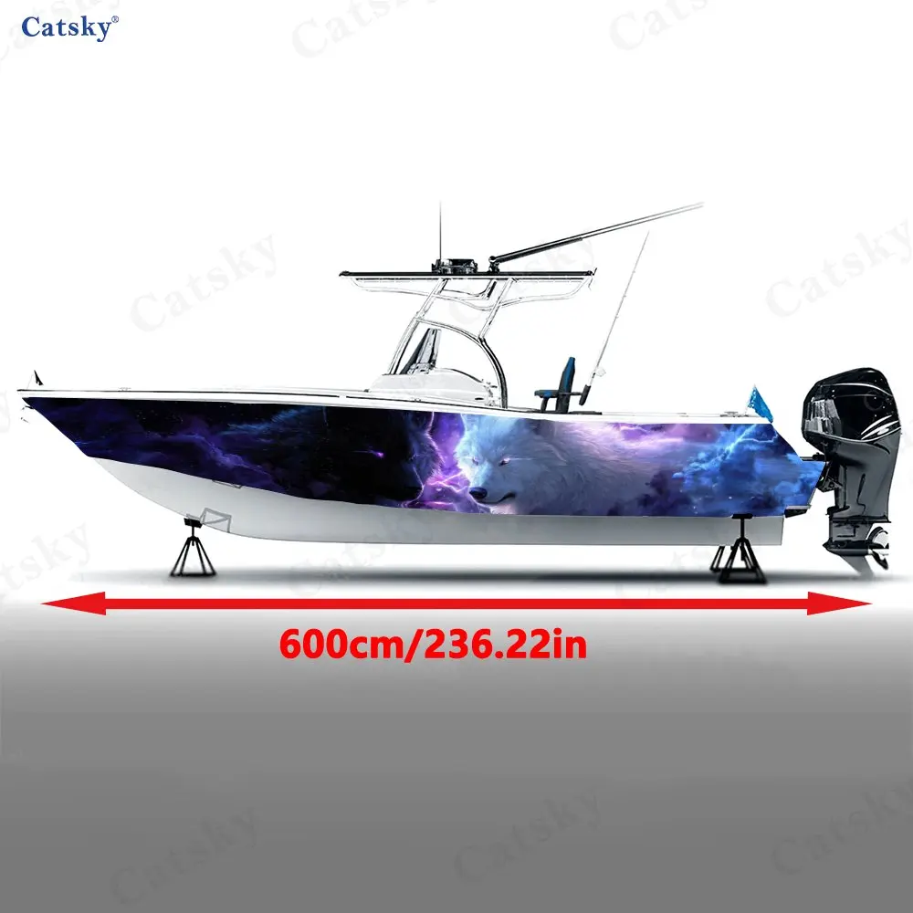 Thunder Twin Wolves Purple Mist Boat Stickers, PVC Waterproof Vinyl Wrap Decals for Fishing Boats, Durable and Stylish Design