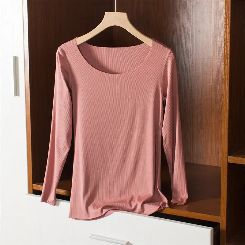 Seamless Long-sleeved T-shirt for Women in Autumn Winter Thin Modal Inner Top Round Neck Bottoming Solid Slim Cotton Coat