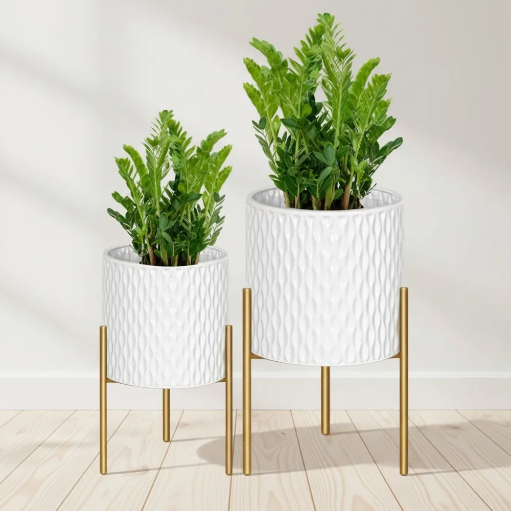 أوعية نباتات معدنية لمنتصف القرن مع حامل، مجموعة مزارعين زهور مزخرفة حديثة مع تصريف، ذهبي أبيض داخلي وخارجي #1