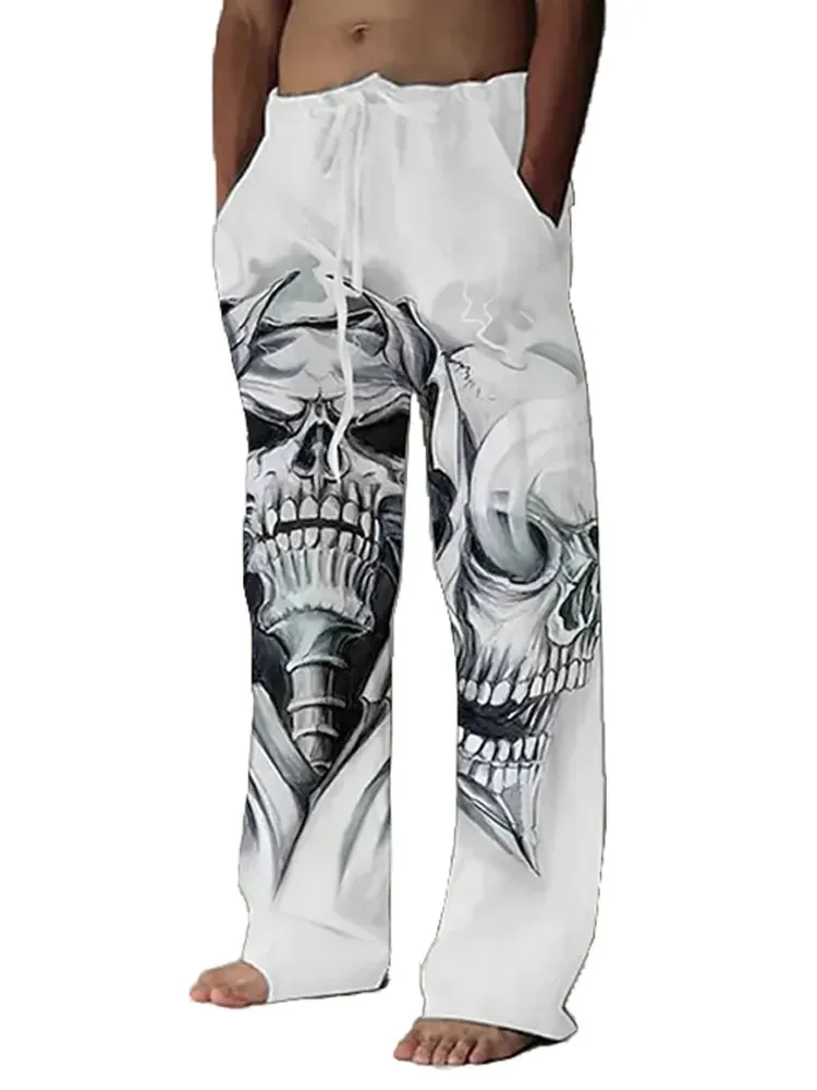 Men's Trousers Summer Fashion Casual Daily Men's Retro Drawstring Pocket 3d Skull Print Wide Leg Casual Pants Men Clothing