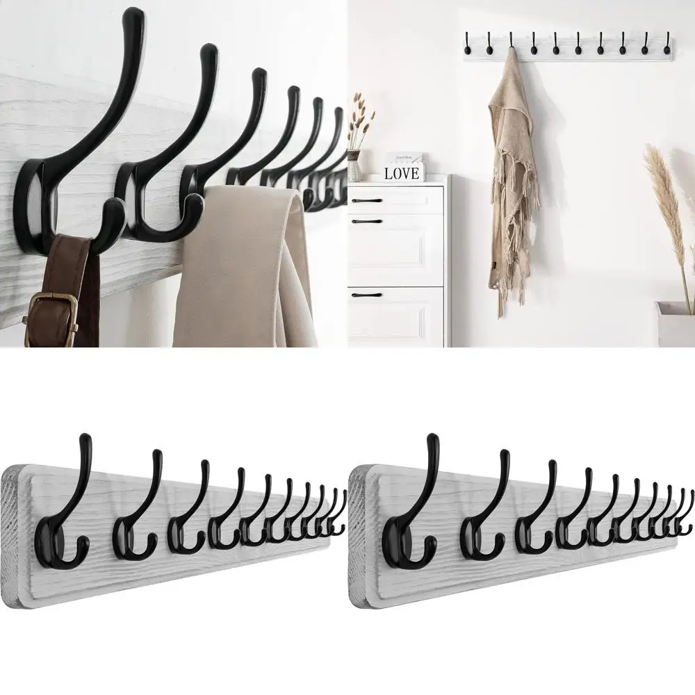 

Large Wall-Mounted Pine Wood Coat Rack with 10 Hooks for Hanging Clothes, Robes, and Towels