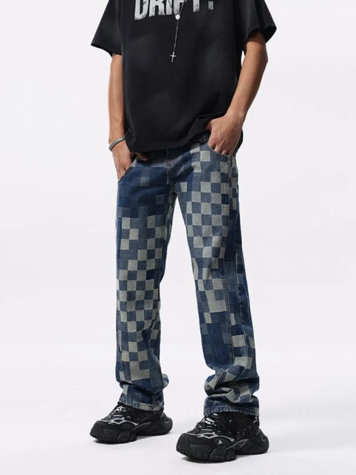 Loose Straight Leg Chessboard Pattern Men's Jeans High Street Retro Casual Trousers Lengthening Legs Print Trendy Brand