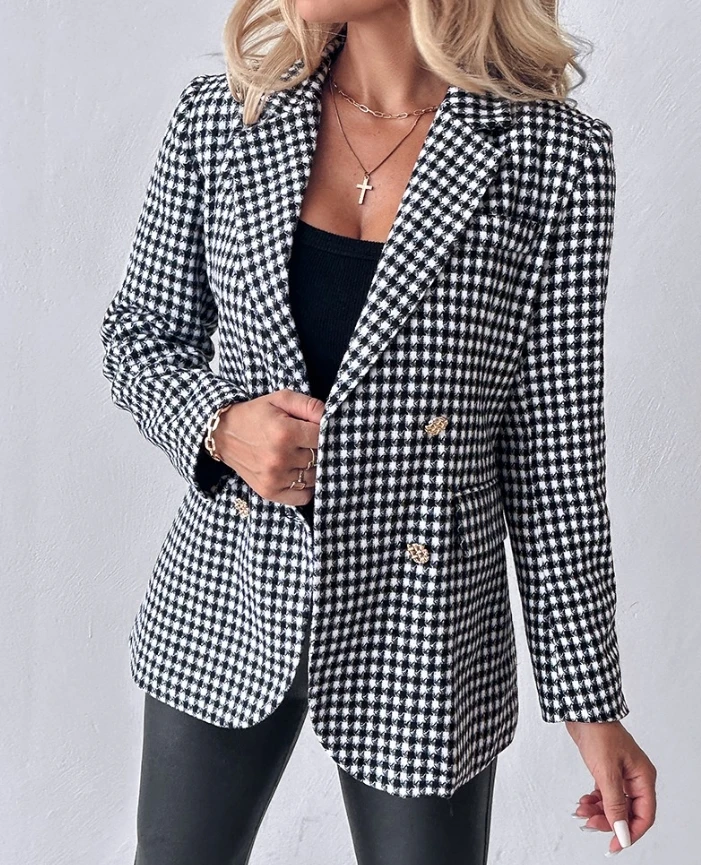 Jaqueta elegante feminina 2024 verão outono mais recente padrão de houndstooth urbano duplo breasted blazer casaco frente aberta com cinto