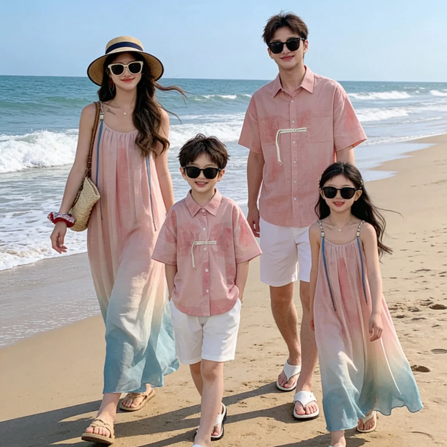2026 Summer Family Matching Outfits Ombre Gradient Dress & Short Sleeve Shirt Set for Mom Dad Kids Beach Vacation Photoshoot