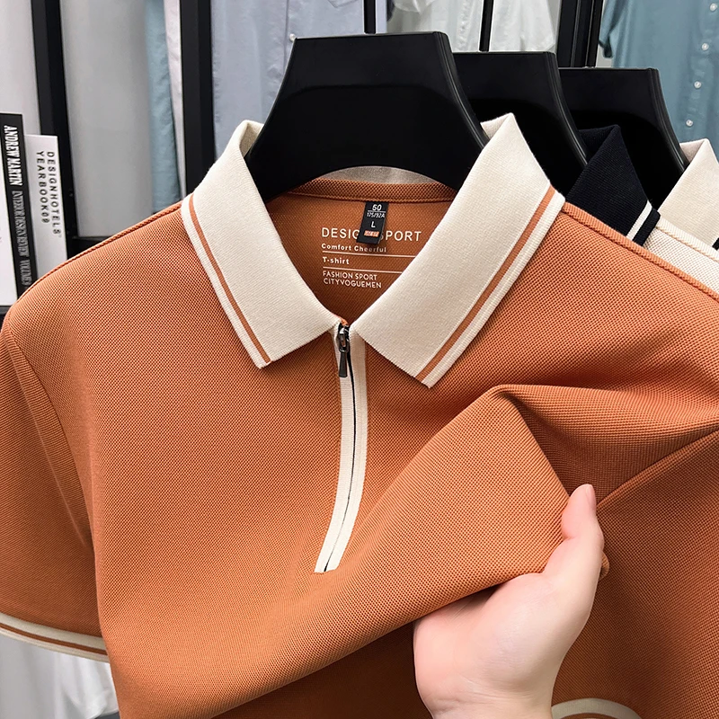 Light luxury half zipper short sleeve polo shirt summer breathable silk cotton business casual men high-end fashion new T-shirt
