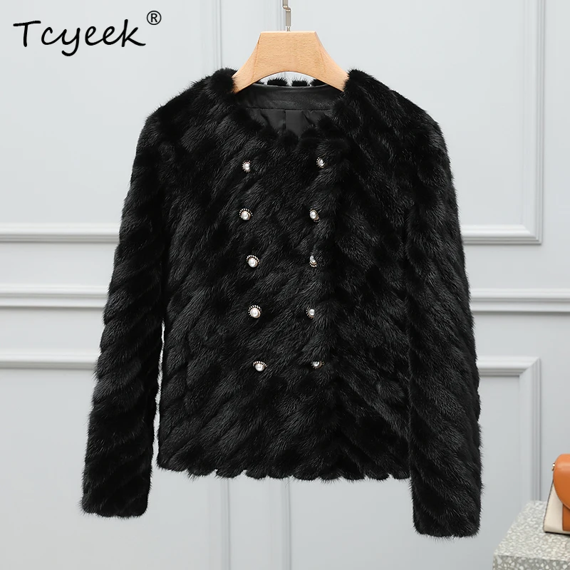 Tcyeek Echte Nertsen Bontjas Vrouwen 2025, Winterkleding Warm Echt Bont Vrouw Jassen Nieuw in Outerwears Patchwork Nertsen Fourrure Femme