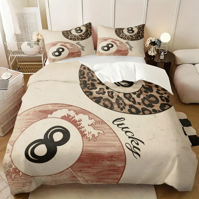 Vintage Leopard Print Lucky Billiard 8 Ball Duvet Cover Set Retro Wave Texture Bedding Soft  Comforter Y2K Teen Bedroom All Size