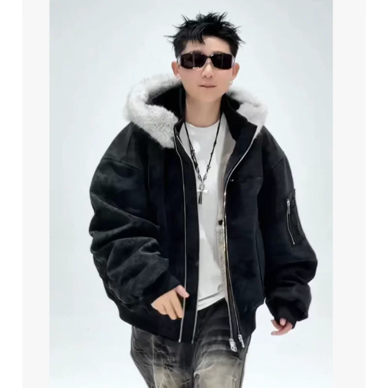 

Thiened Fce Lined Winter Jaet Men's Warmth Leather Coat Long Sve Zipper Closure Casual Outerwear for Youth