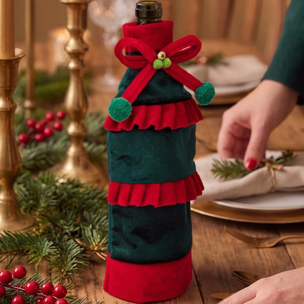Bow Ruffled Christmas Velvet Bottle Cover Bowknot Velvet Beer Bottle Cover Elegant 30cm 11.81in Wine Bottle Cover X-mas Party