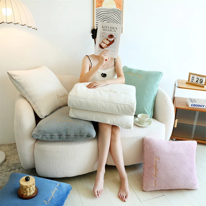 New waffle milk fleece embroidery dual-purpose two-in-one car nap office cushion pillow quilt