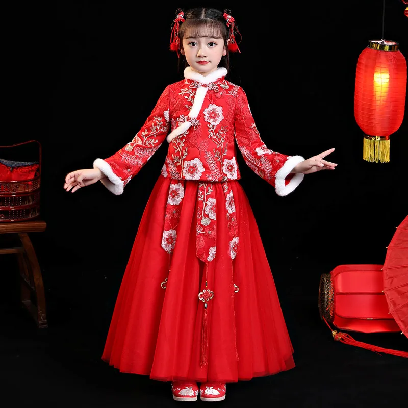 Red Girls Winter New Quilted Children's Hanfu Dress Lovely Girl Children Princess  Costume Dress Chinese New Years Clothes
