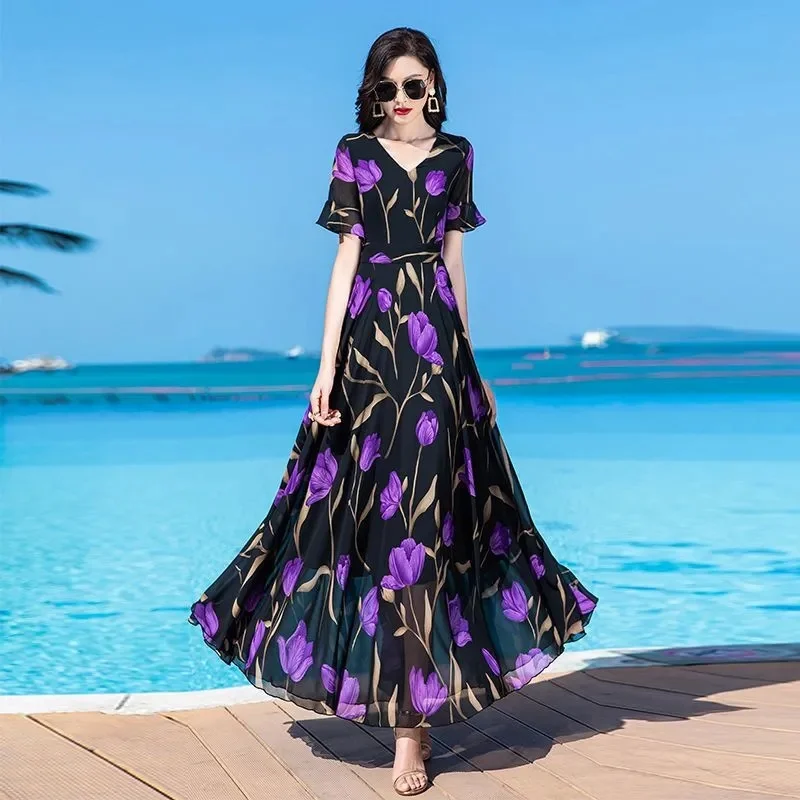 Women Summer Chiffon Boho Dress 2024 New Elegant Floral Print Beach Chic Casual V-Neck Fashion Long Dresses Female Sundress 5XL