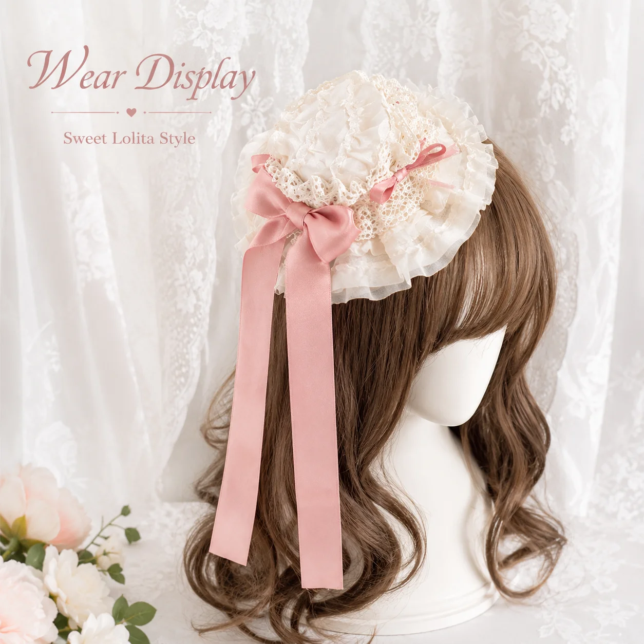Vintage Lolita Lace Bonnet Hair Accessory with Long Satin Ribbon Bow, Ruffled Headpiece for Women and Girls, 3 Colors