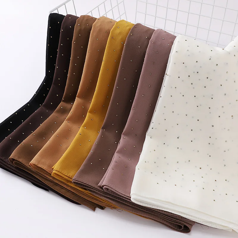 70*180CM New Malaysian Indonesian Pearl Chiffon Full Star Hot Diamond Turban Spring and Summer Long Women's Covered Head Scarf