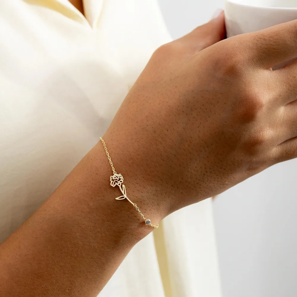Personalized Birthflower And Birthstone Bracelet Stainless Steel Jewelry Customized Items Bracelets Birthday Gifr For Mom