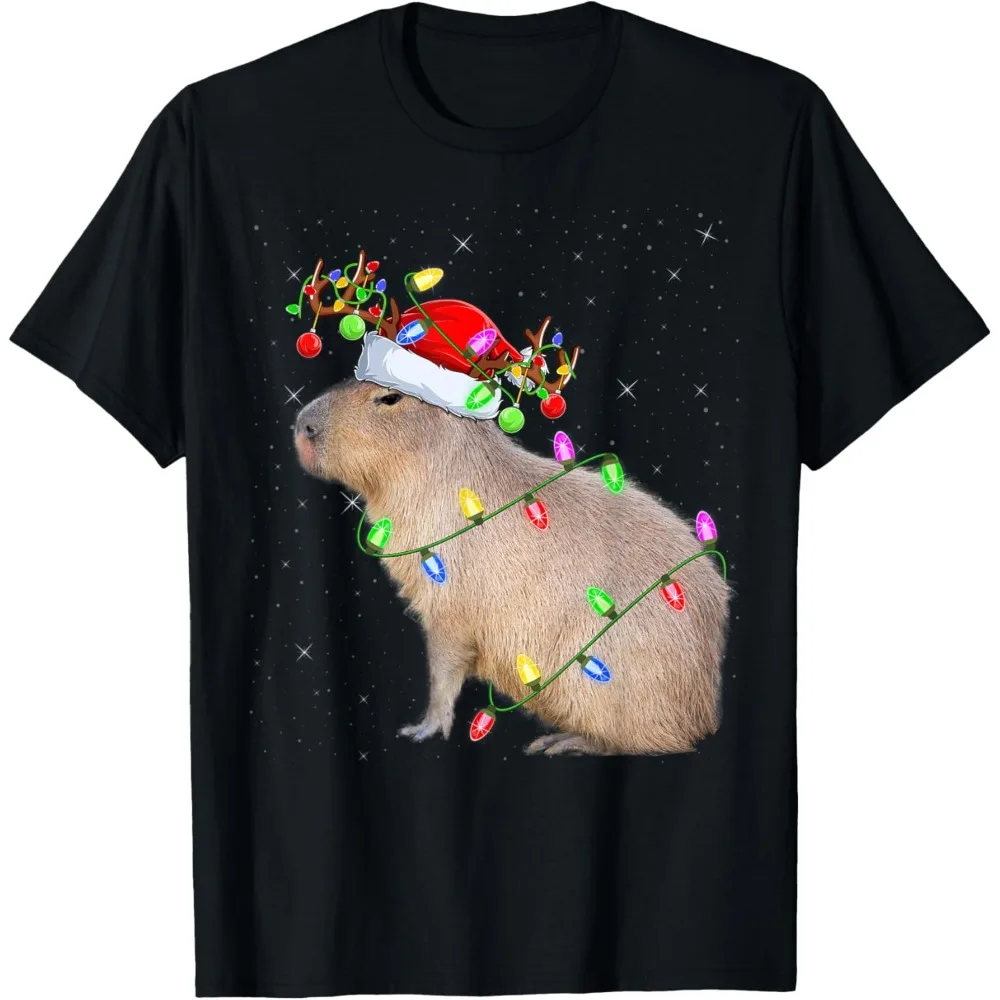 

Capybara Lover Xmas Lighting Santa Capybara Christmas T-Shirt Women Crew Neck Y2k Short Sleeve T-shirts Tops Clothing