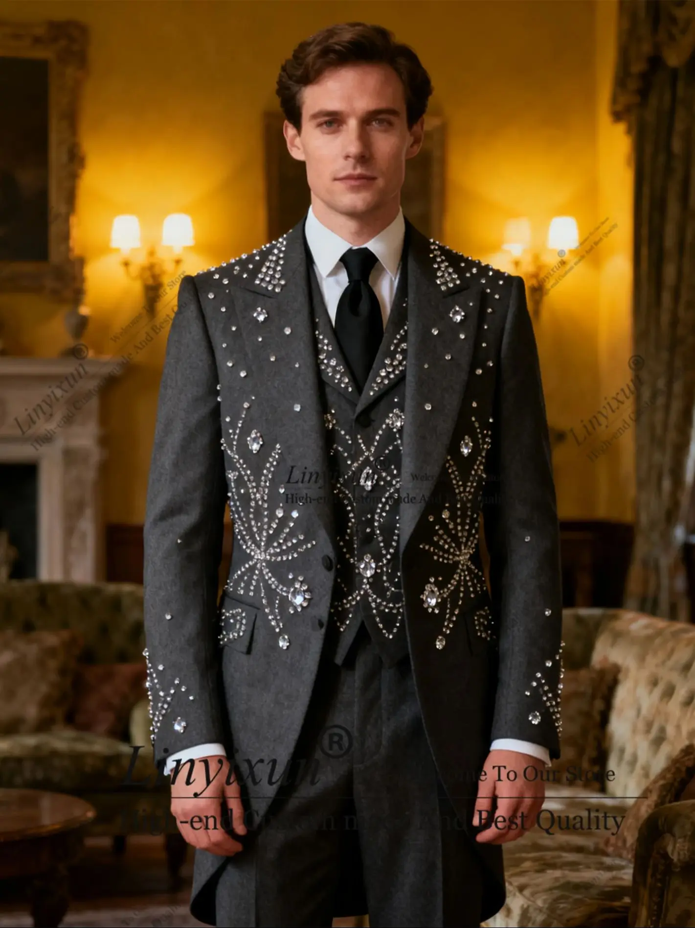 

British Style Rhinestone Diamond Wedding Suits For Men 3Pieces Groom Male Blazers Long Coat Pants Tuxedos Ropa homre Customized