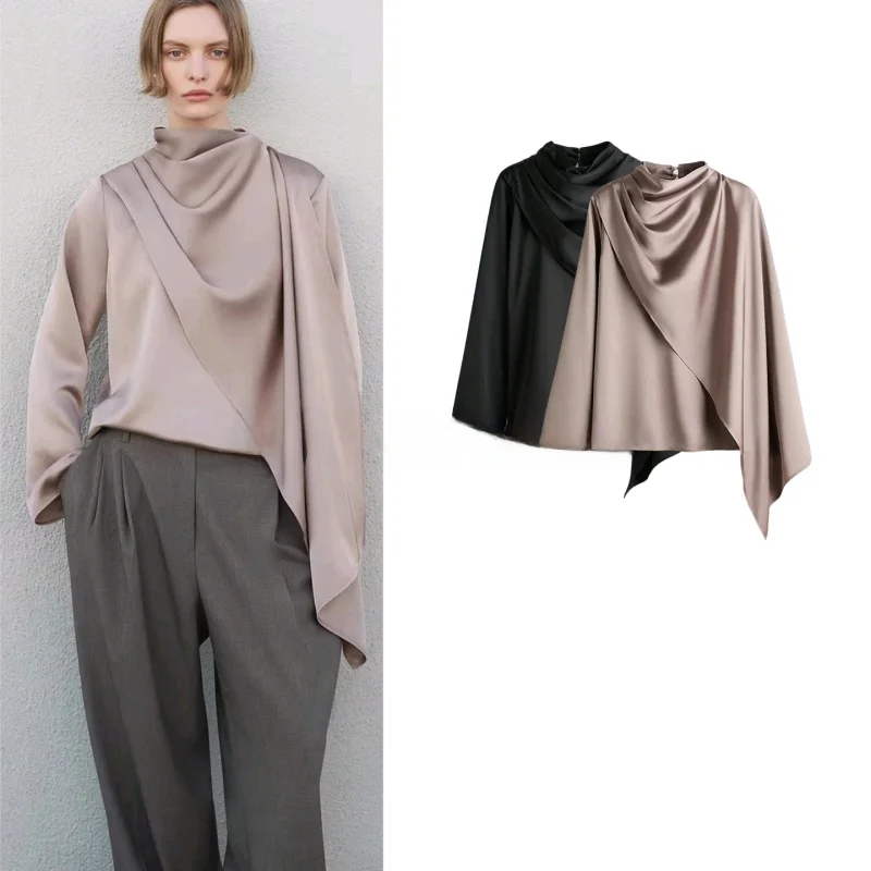 

Spring New Women's Simple Stand Collar Long Sve Draped oulder Design Silk irt Loose Fit Polyester Fiber Skin-friendly ...