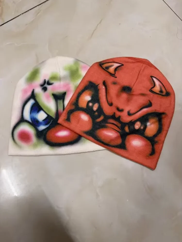 Women Graffiti Cartoon Graphic Knit Beanie Trend Devil Face Print Soft Warm Street Y2K Harajuku Aesthetics Hip Hop Skull Cap Hat