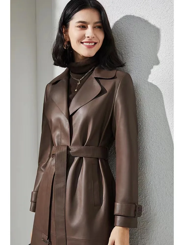 معطف نسائي أنيق غير رسمي متوسط الطول من جلد الغنم الطبيعي لربيع الخريف ملابس خارجية متعددة الاستخدامات