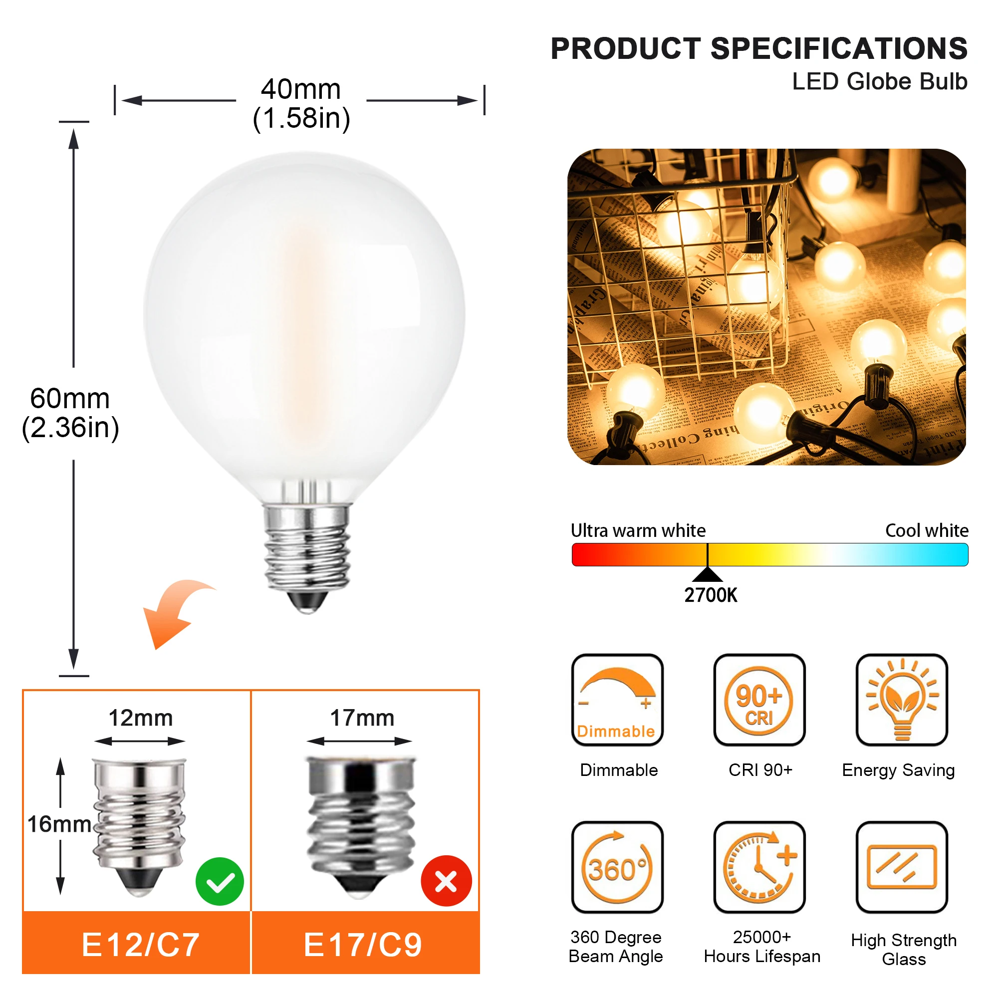 GANRILAND Cadena de luces LED G40, globo E12, Base esmerilada, luces de hadas blancas, 50 pies, 65 pies, luz conectable para Patio al aire libre