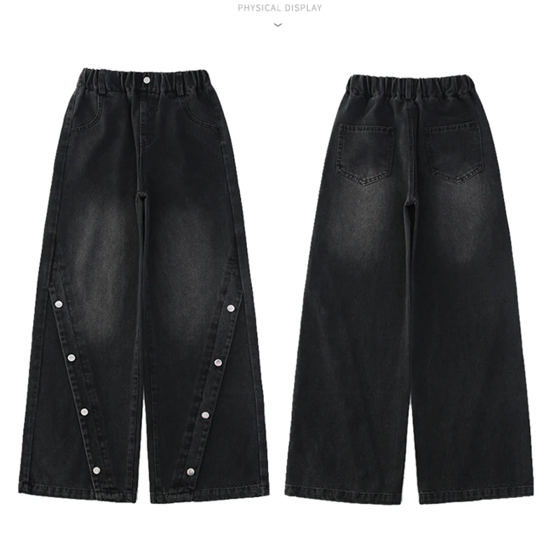 جينز أسود للأطفال كوري لخريف 2025 للفتيات المراهقات سروال دينم مستقيم غير رسمي مع أزرار بنطلون مصمم جديد للأطفال
