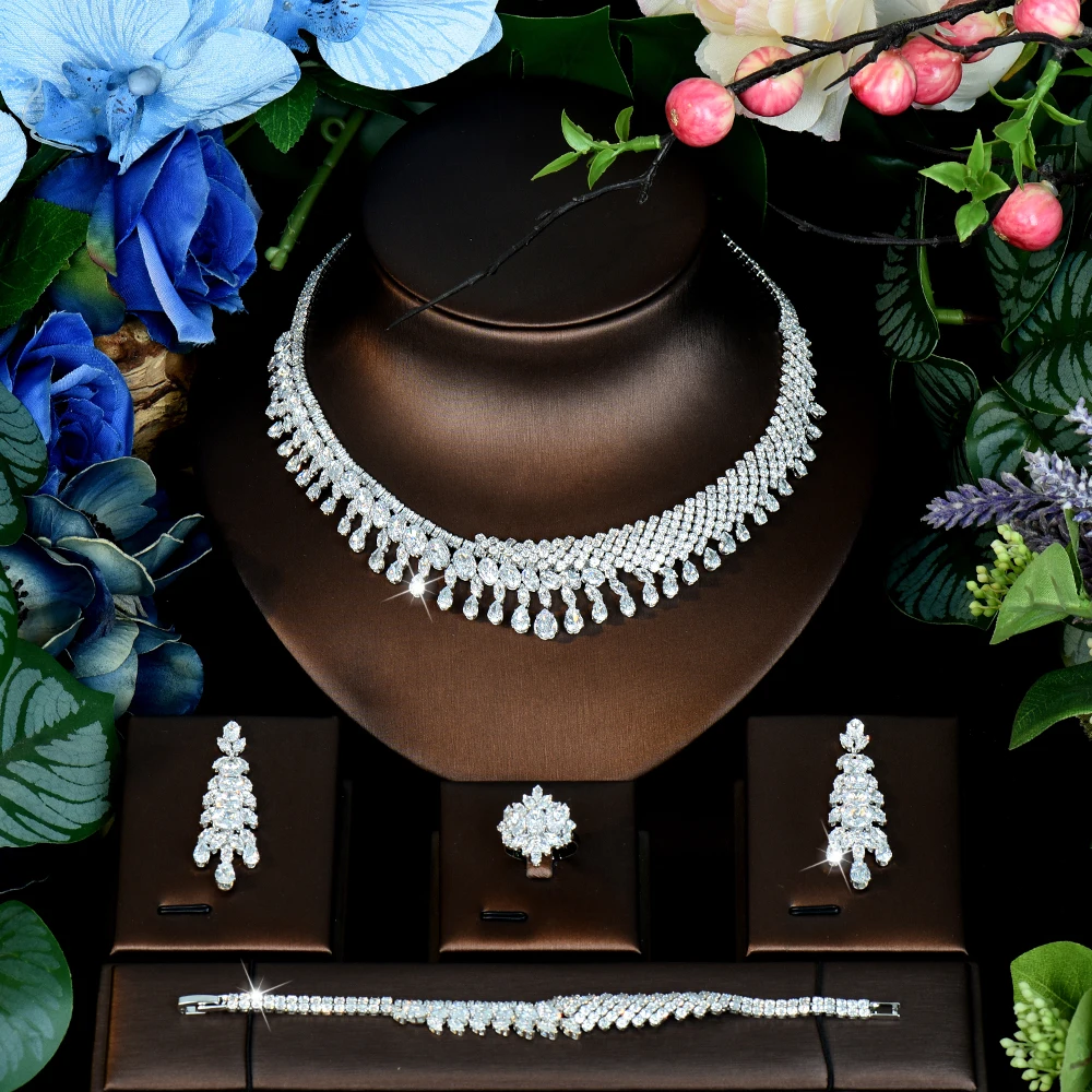 HIBRIDE New Charming Deluxe 4 Piece Necklace Earrings and Bracelet Womens Jewelry Wedding Bridal Travel Event Gift S-1264