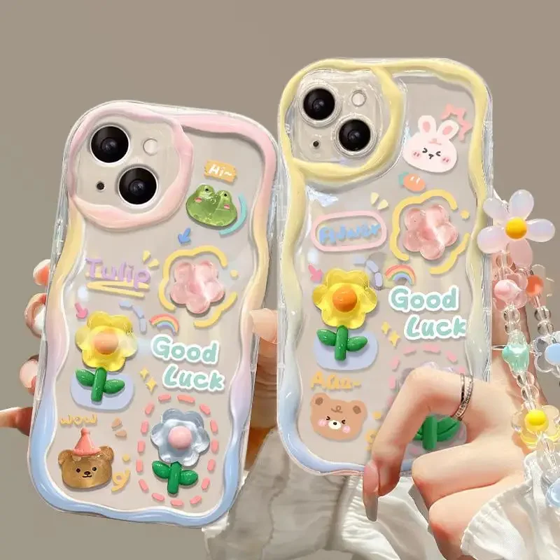 3D Cartoon Flower Animal Bear Bracelet Chain Phone Case for Samsung Galaxy S25 S24 Ultra Plus FE A16 A15 A55 A35 A54 A06 Cover