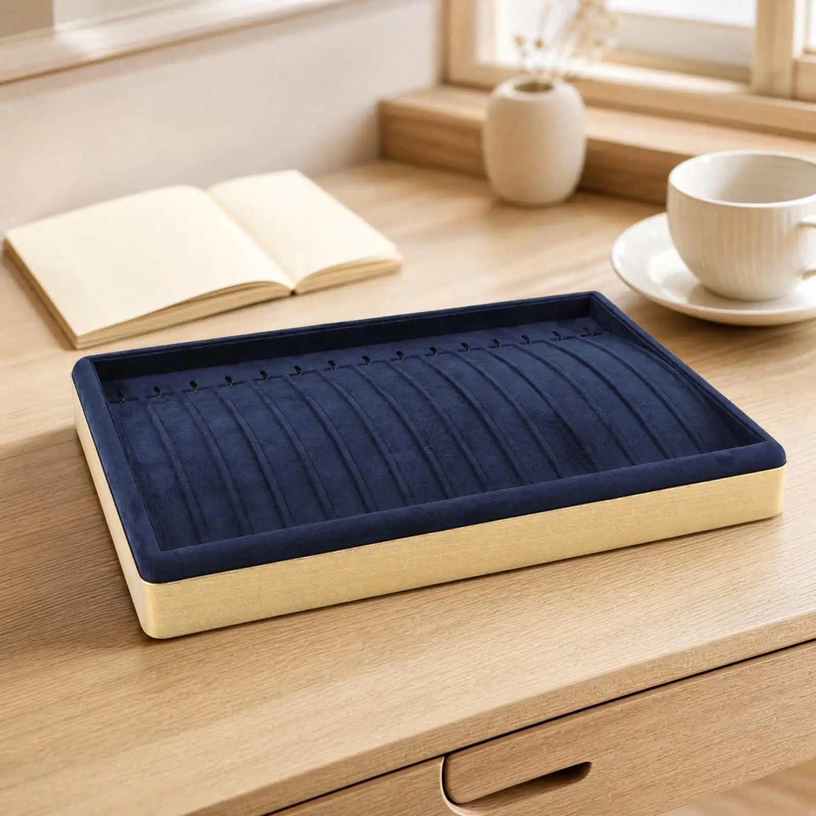 Rectangular Accessory Display Tray with Stitched Blue Microfiber Leather and Gold Metal Frame for Jewelry Organization and