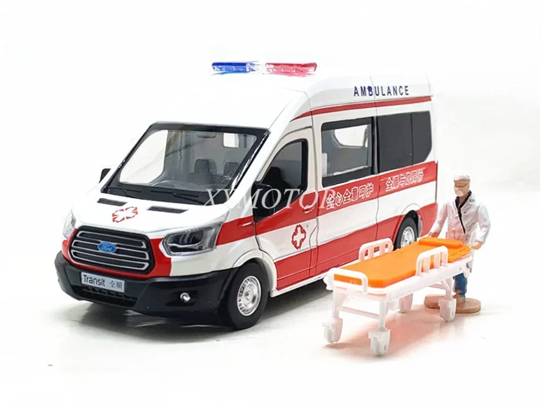 1/35 CaiPo Ford Transit Van Cargo MPV ambulance Diecast Model Toys Car Boys Girls Kids Gifts Toys White pull back sound light