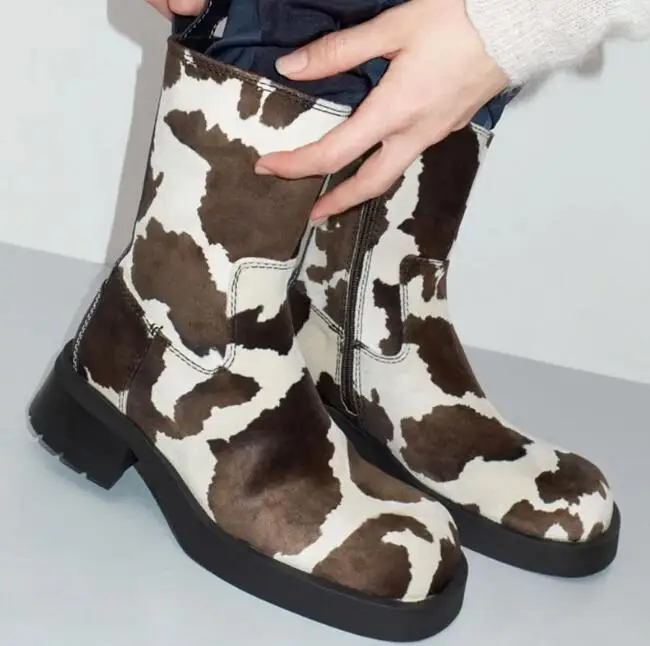 Fashion Milk Horsehair Ankle Boots Round Toe Woman Chelsea Booties Low Chunky Heel Femme Boots