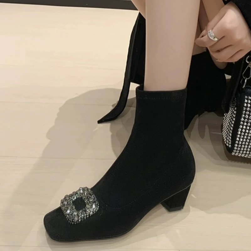 Women Crystal Luxury Ankle Boots Suede Chunky Square Toe Shoes 2024 Trend Winter New Elegant Party Pumps Hot Sale Female Botas