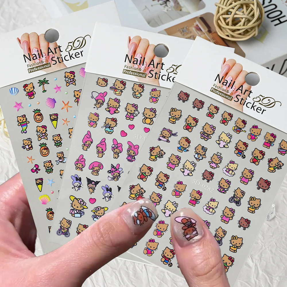 1pcs Black Skin Hello Kitty Kawaii Nail Art Stickers 5D Hawaii Vacation Style Fashion Cartoon Japanese Anime Nail Decals Sticker