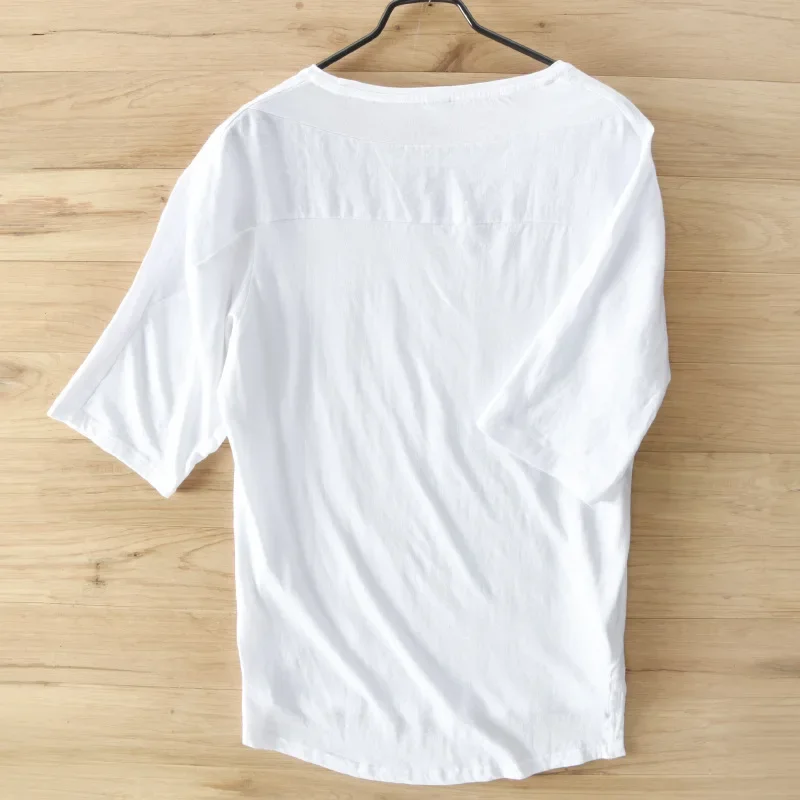 Men Cotton Linen Short Sleeve Tshirts White Small Fish Graphic Embroidery T Shirt Casual O-Neck Male Tees Y1702