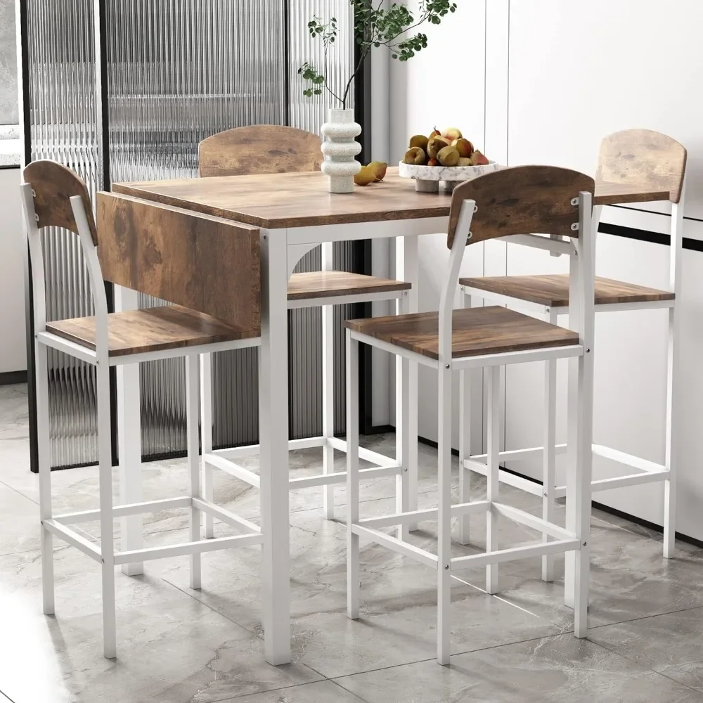 Bar table, 5-piece cabinet height wine table set, 4 cabinet height comfortable dining chairs with footrests, modern bar table