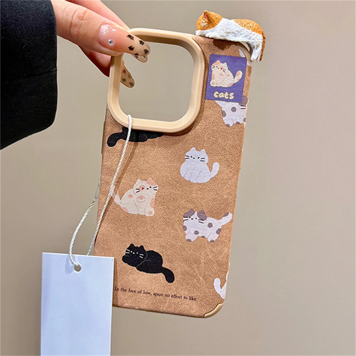 Cute Cartoon 3D Cat Artificial Leather Winter Phone Case For iPhone 16 15 14 13 Pro Max Lovely Shockproof Protective Back Cover