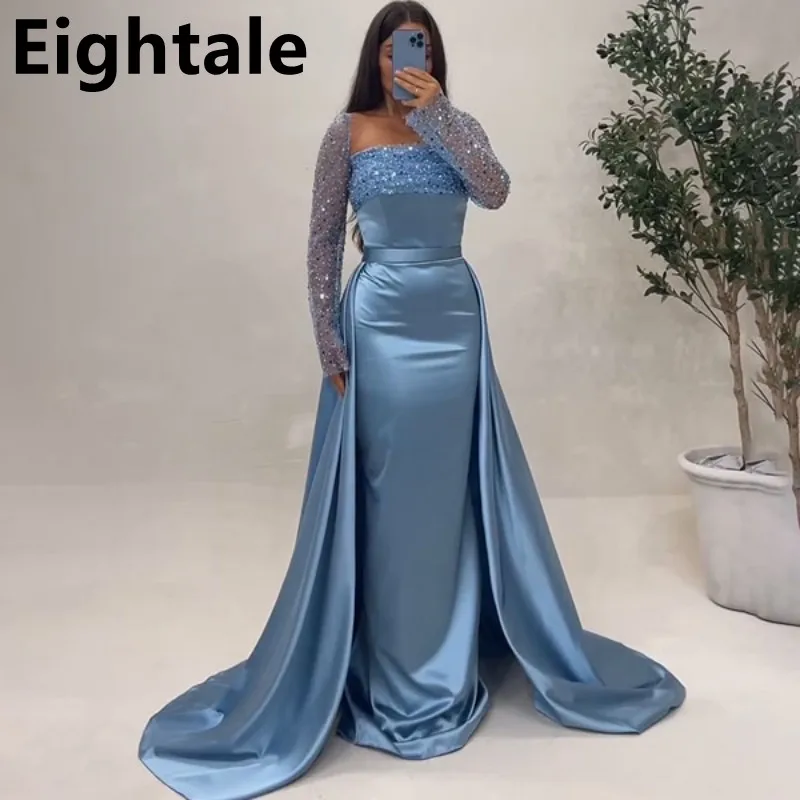 Eightale Maßgeschneidertes himmelblaues Meerjungfrau-Satin-Abendkleid mit Pailletten, langen Ärmeln, Abendkleid, Dubai, formelles Partykleid