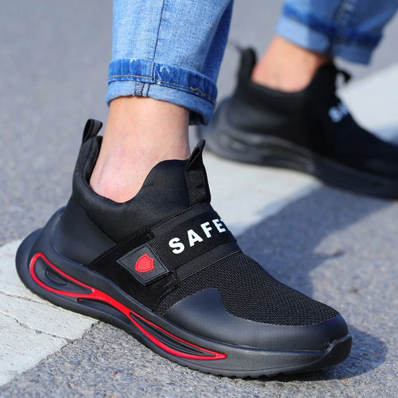 big size mens fashion breathable steel toe cap working safety shoes slip-on summer security boots brand designer worker footwear