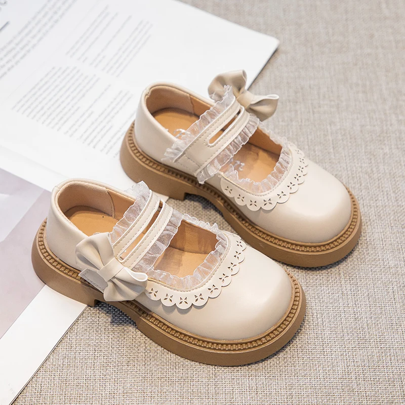 

Новинка 2025 года, модная кожаная обувь для девочек, милые кружевные детские повседневные туфли принцессы, элегантные детские туфли Мэри Джейн на платформе