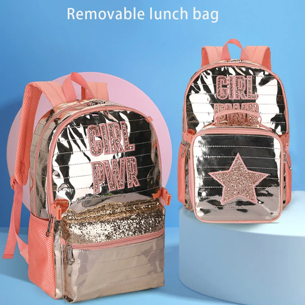 Школьные сумки, рюкзаки для школьников, подростков, девочек, водонепроницаемый рюкзак с защитой позвоночника, расшитый блестками, съемная сумка для обеда, сумки для девочек