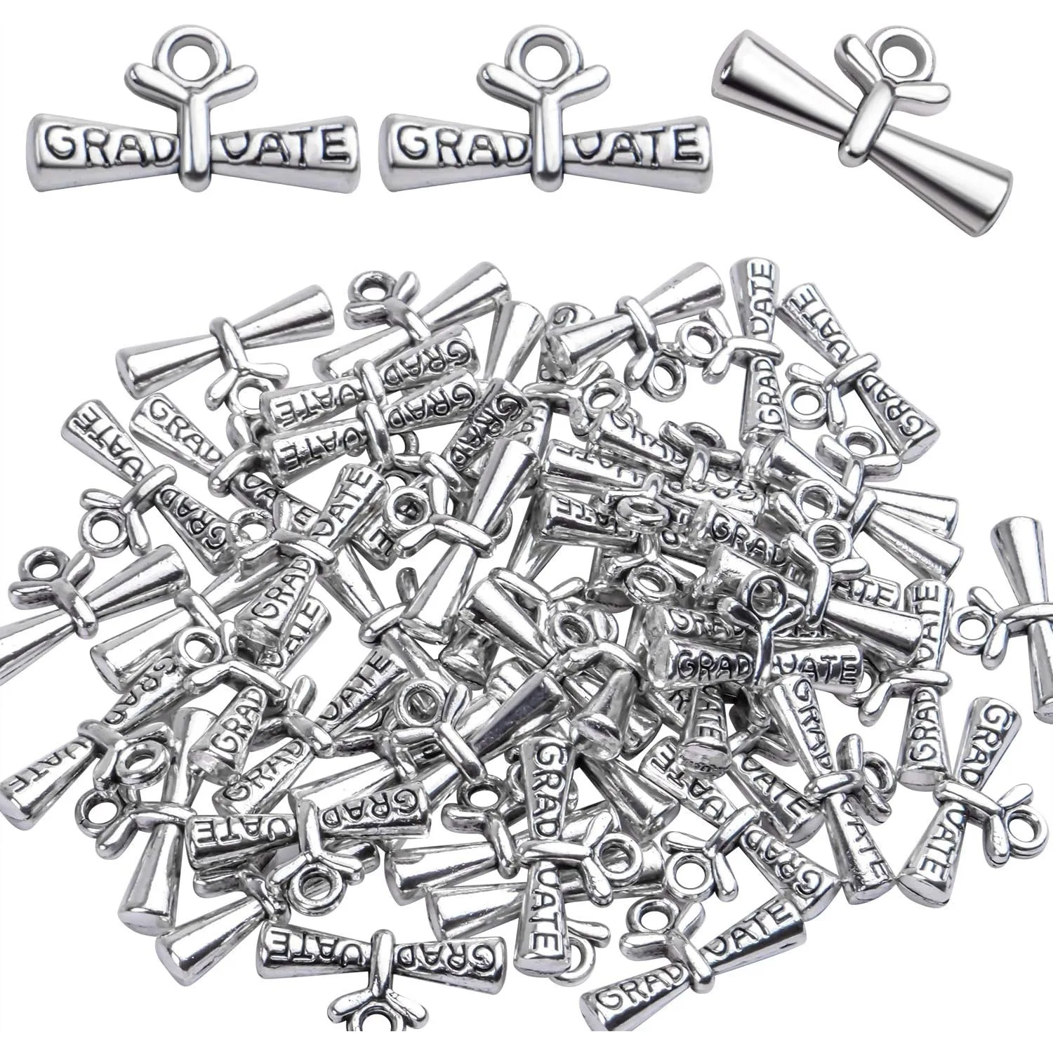 50 قطعة من المعلقات الفضية للتخرج معلقة مع دبلوم لقلادة سلسلة المفاتيح والأساور