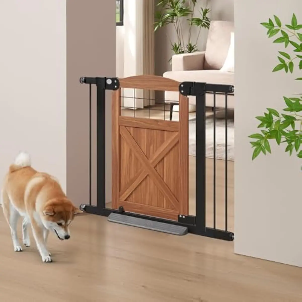 Farmhouse-style wooden pet gate with auto-close swing door, 30-inch height, adjustable 29–40 inch width, sloped anti-trip base,