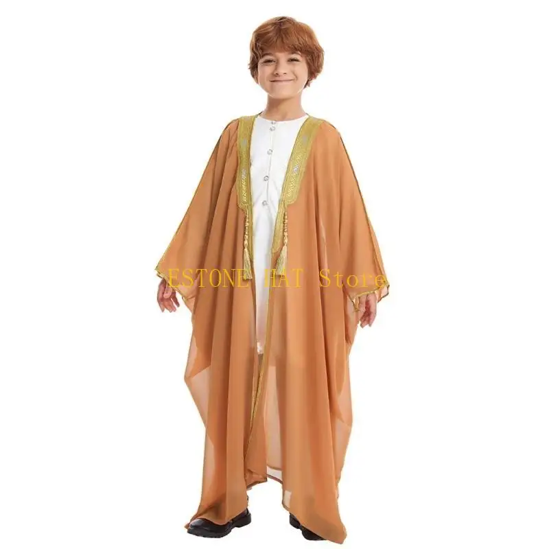 49MF Islamic Arabic Robe Middle East Kaftan for Teens Boys, Middle Eastern Thobe Arabian Robe Long Gown for Teenager