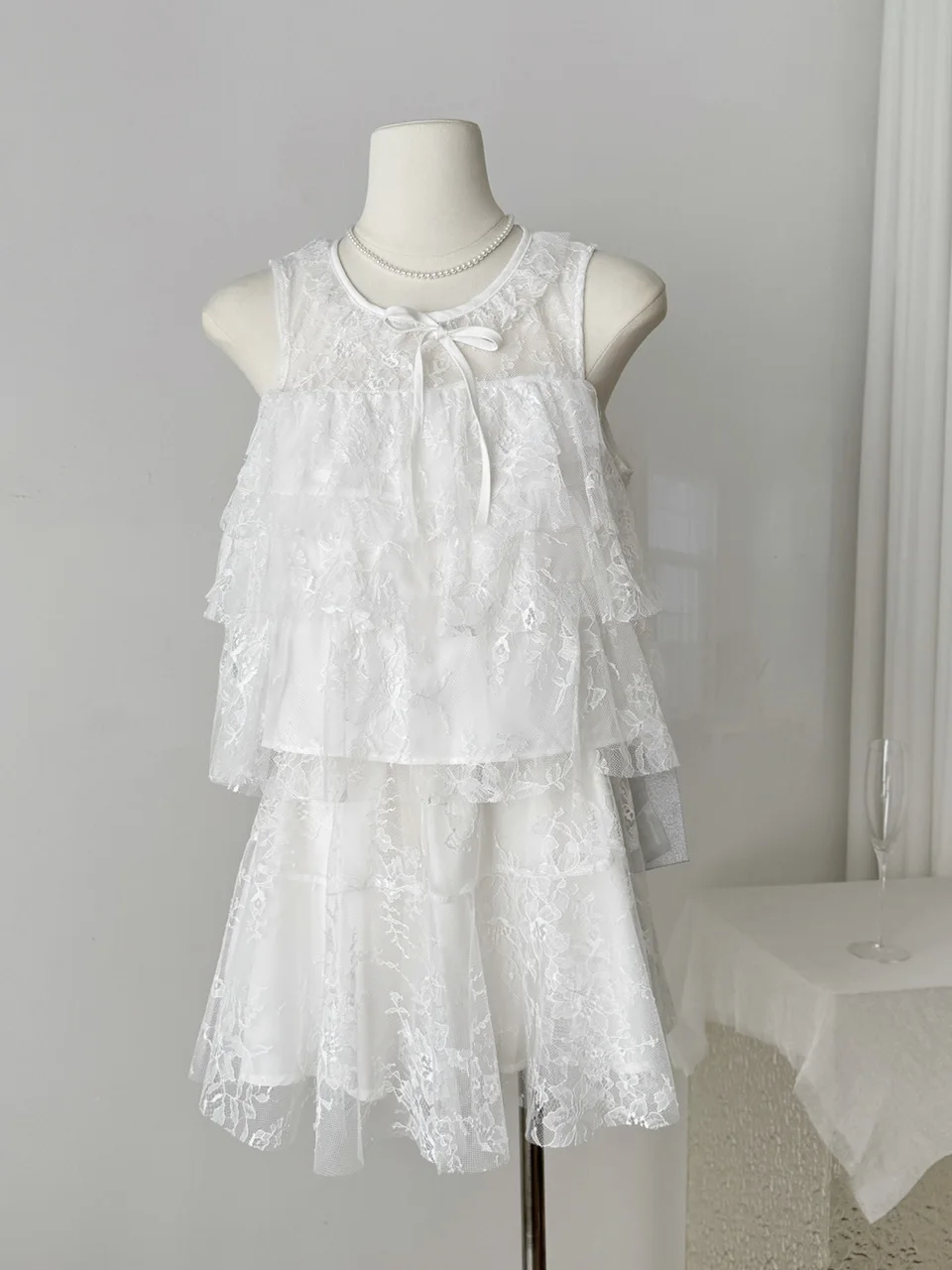 

Летний комплект Fairy T с высокой талией, кружевной топ с вышивкой и воланами по подолу и пышная юбка, милый и милый сле