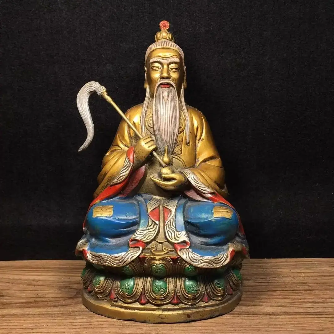

9"Tibetan Temple Collection Old Bronze Painted Lord Lao Zi Moral deity Founder of Taoism Lotus Platform Worship hall Town House