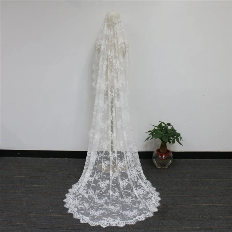 Off White Mantilla Style Wedding Bridal Veils Lace Chapel Catholic Vintage Long Accessories For Brides Soft Floral Flowers 3M