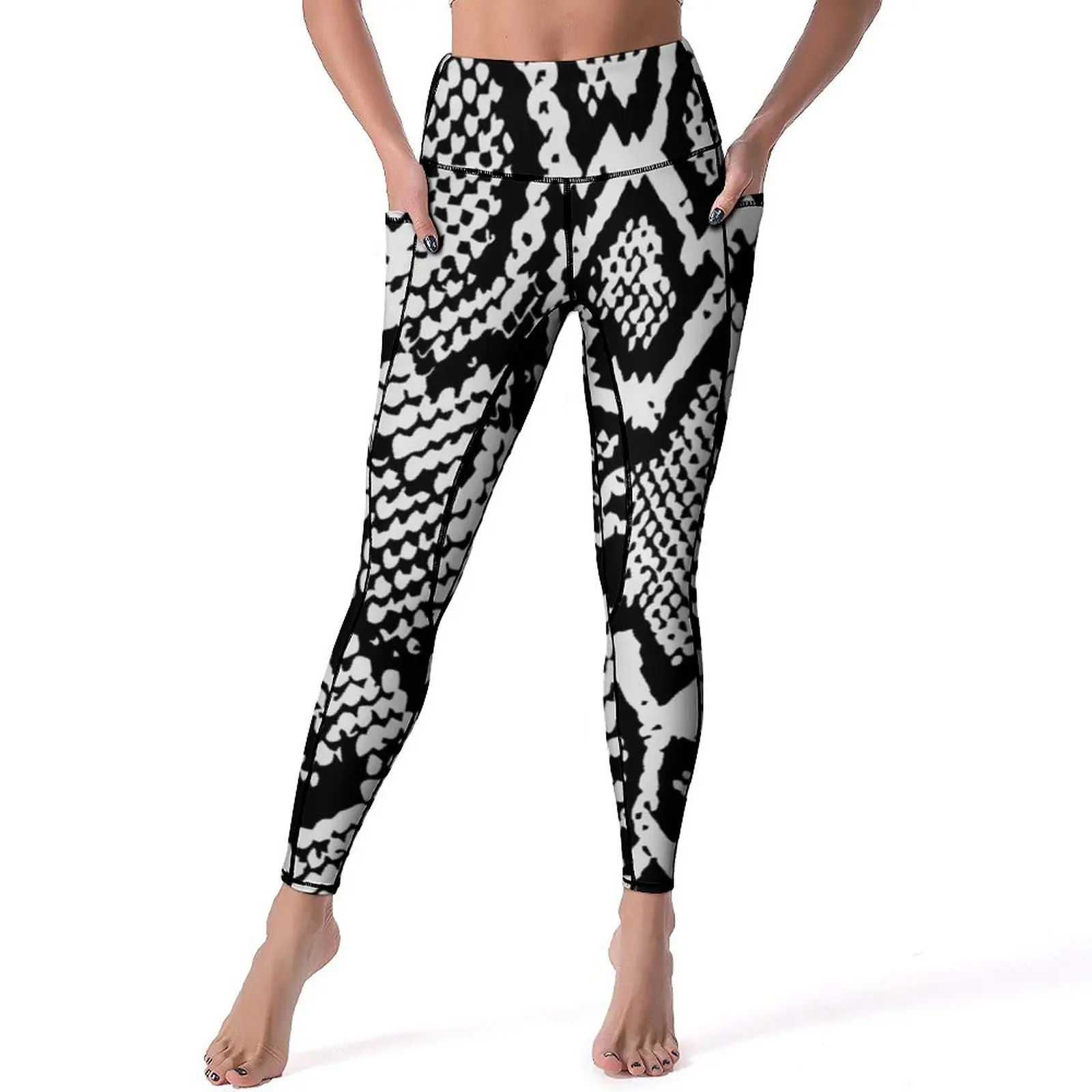 Cintura alta Snake Skin Print Leggings, preto e branco Snakeskin, sexy Yoga calças, design de moda para senhora, leggins de secagem rápida