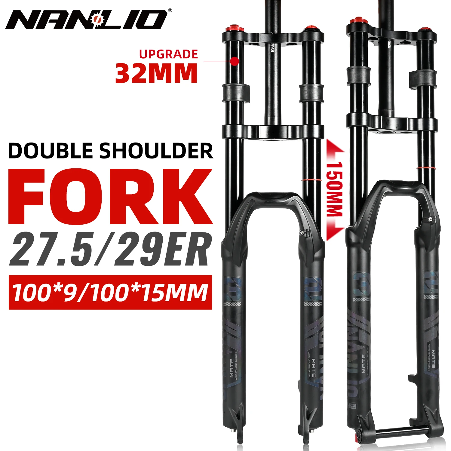 For NanLio Double Shoulder Snow Front Fork 27.5inch/29*2.5 inch MTB Fork 150mm Travel Air Supension Bike Fork E-bike Fork 15/9MM