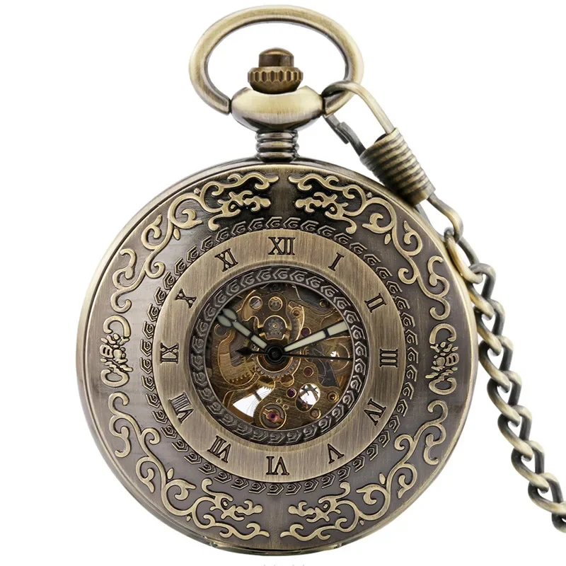 Lote de reloj de bolsillo Steampunk para hombre y mujer, reloj mecánico automático, cadena FOB con esqueleto, números romanos, manecillas luminosas, regalo de medio cazador