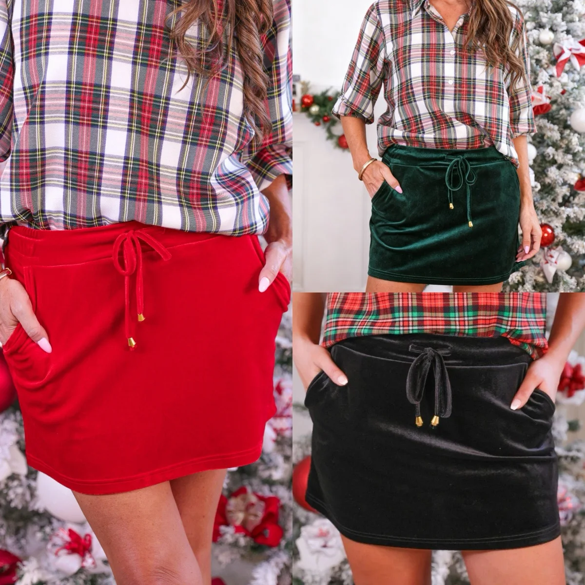 Damska świąteczna aksamitna mini spódniczka Combhasaki, elastyczna, ze sznurkiem, z wysokim stanem, obcisła, idealna na imprezy świąteczne i wyjścia, krótka spódnica ołówkowa.